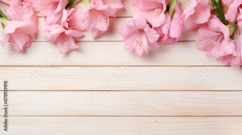 Gladiolus on Wooden Background, Beautiful Flowers, Summer Floral, Copy Space. Generative AI © BussarinK