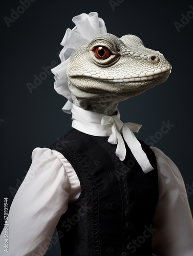 An Anthropomorphic Lizard Dressed Up as a French Maid photo