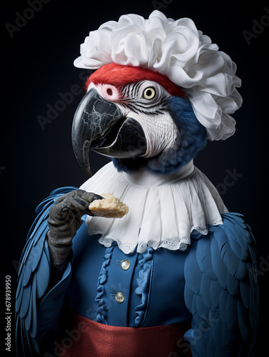 An Anthropomorphic Macaw Dressed Up as a French Maid photo