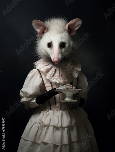 An Anthropomorphic Opossum Dressed Up as a French Maid photo