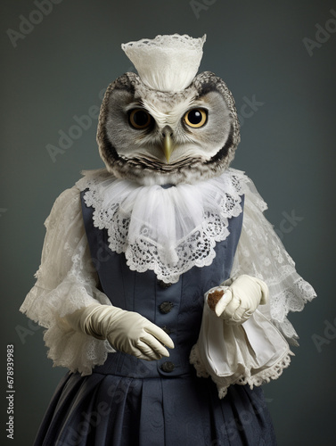 An Anthropomorphic Owl Dressed Up as a French Maid photo