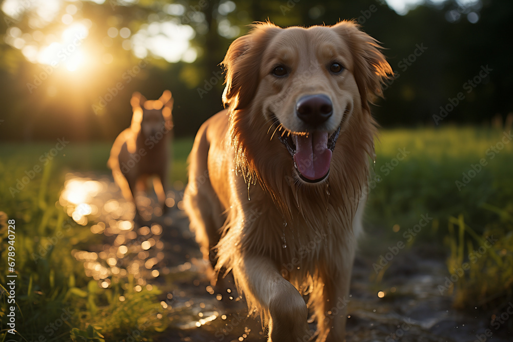 Dog in the Park, Frolicking in the crisp autumn air, a lovable pup enjoys a delightful walk amidst the golden hues of fall foliage in a serene and peaceful park setting