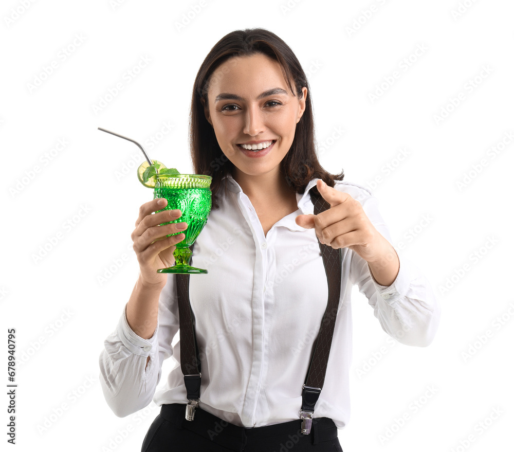Female bartender with cocktail on white background Female bartender with cocktail on white background