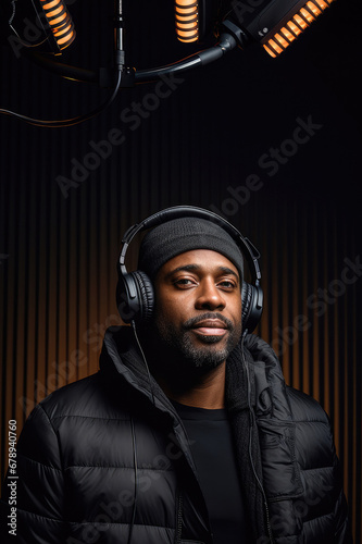 A portrait of a musician on studio with headphones