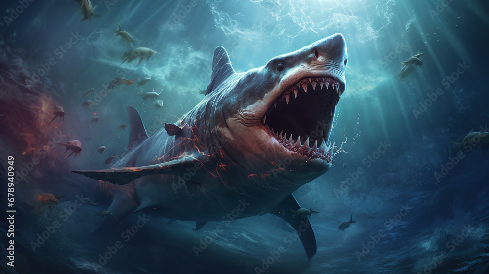 Naklejka premium The Legendary Megalodon in the Deep Ocean - Generative AI