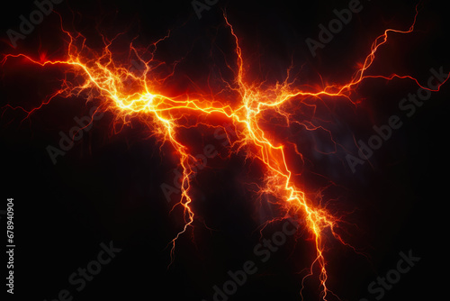Intense lightning bolts strike against a dark night sky  showcasing nature s electric power. Isolated on dark background