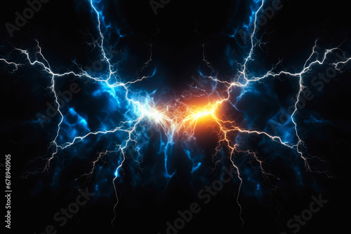 Intense lightning bolts strike against a dark night sky, showcasing nature's electric power. Isolated on dark background