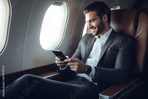 Portrait businessman sitting using smart phone inside airplane near the window, AI Generative © BOONJUNG