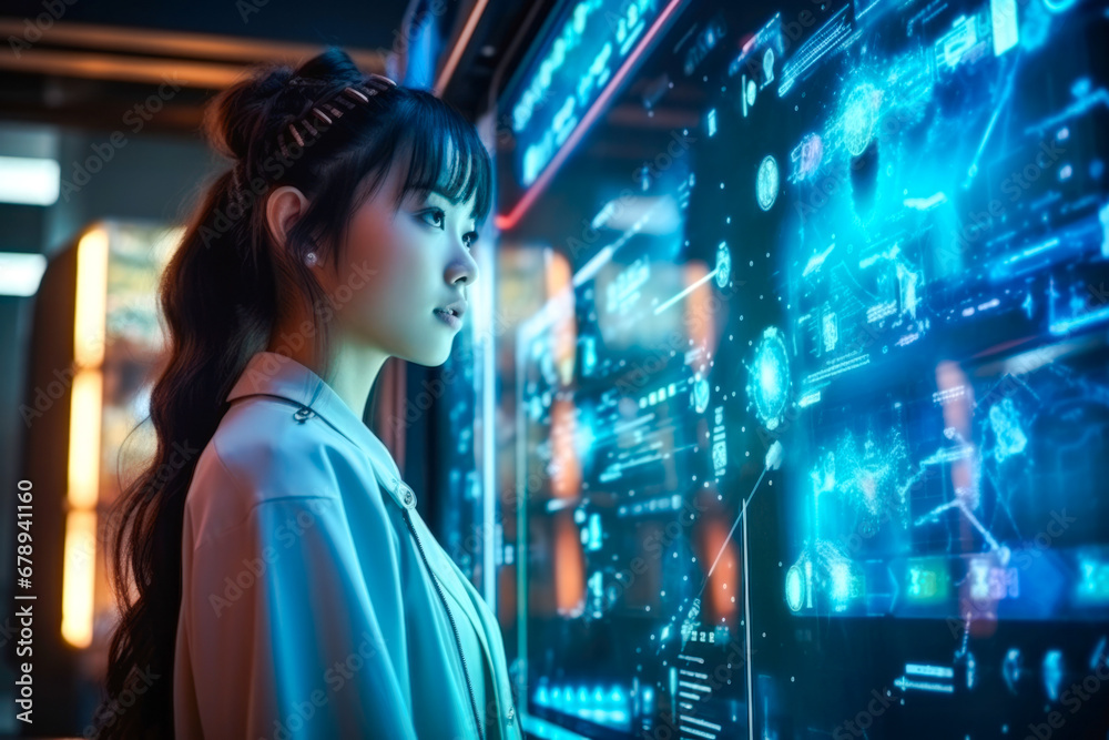 Young Asian woman looking at holographic digital display, expressing wonder and curiosity