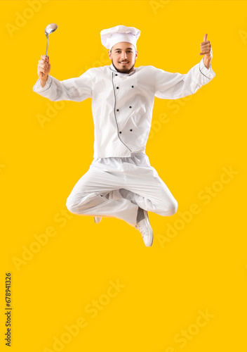 Jumping male chef with ladl...