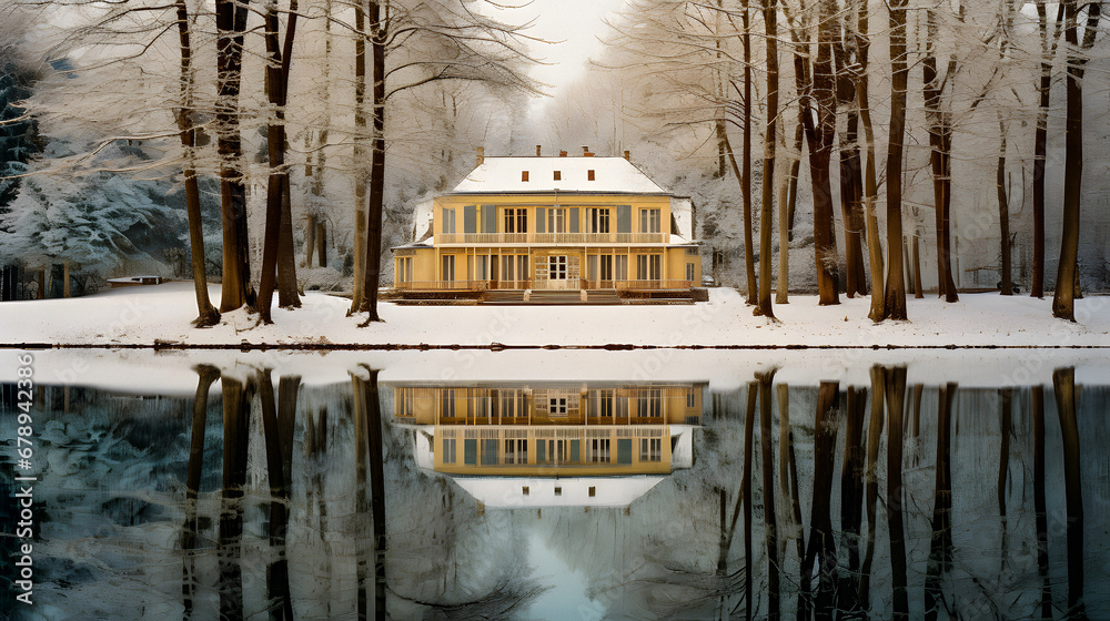 Luxurious Mansion Reflecting in a Lake. Generative ai. Luxurious Mansion Reflecting in a Lake. Generative ai.