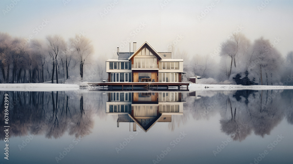 Fototapeta premium Luxurious Mansion Reflecting in a Lake. Generative ai.