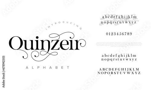 Quenzeir premium luxury elegant alphabet letters and numbers. Elegant wedding typography classic serif font decorative vintage retro. Creative vector illustration