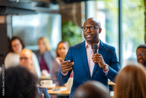 Portrait of engaging African American man wearing a suit, delivers a dynamic corporate presentation. Captivating his audience, he shares insights within a professional boardroom setting