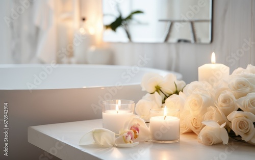A Serene Oasis  A White Bathtub Surrounded by Flickering Candlelight