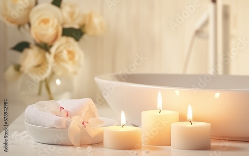 A Serene Oasis: A White Bathtub Surrounded by Flickering Candlelight