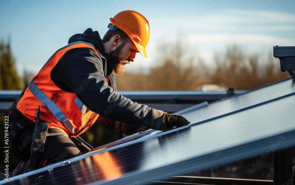 Working in the Sun: A Man in an Orange Safety Vest Repairing a Solar Panel Working in the Sun: A Man in an Orange Safety Vest Repairing a Solar Panel