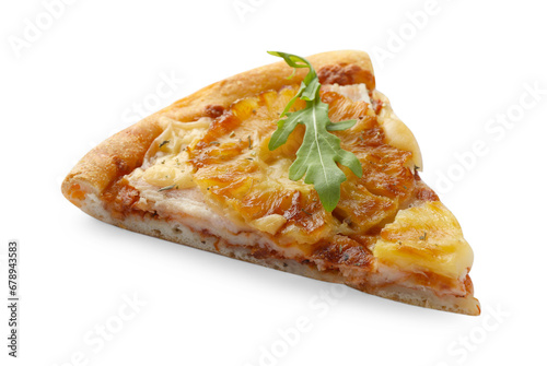 Piece of delicious pineapple pizza isolated on white