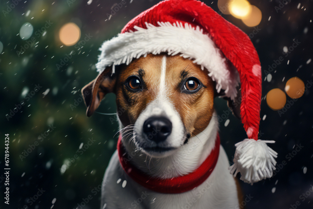 Jack Russell wearing santa claus hat. Christmas and New Year, portrait dog on a studio against festive bokeh background