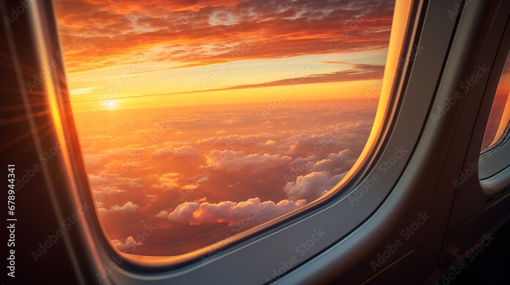 View from the window of an airplane flying above the clouds at sunset View from the window of an airplane flying above the clouds at sunset