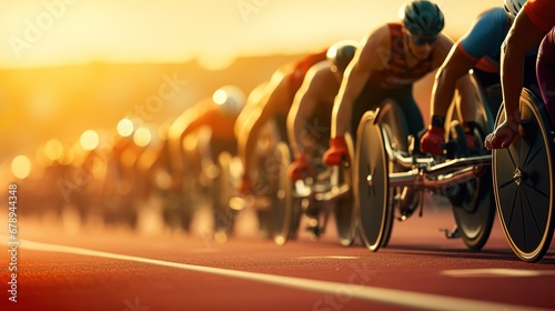 Group of people in wheelchairs on a race track at sunset. photo