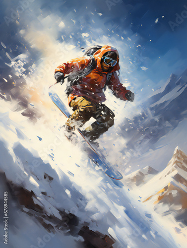 snowboarder jumping in the mountains in the air against blue sky. 