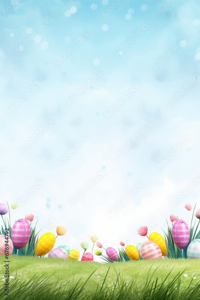 Easter background. Blue sky, Easter eggs on green grass. Copy space.