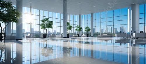 Modern office interior with panoramic windows and city view © Sariyono