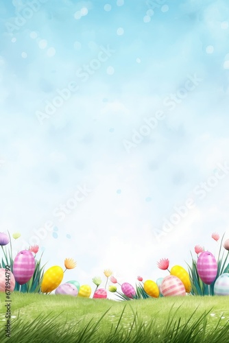 Easter background. Blue sky, Easter eggs on green grass. Copy space.