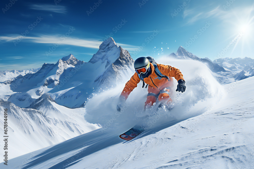 snowboarder jumping in the mountains in the air against blue sky. 