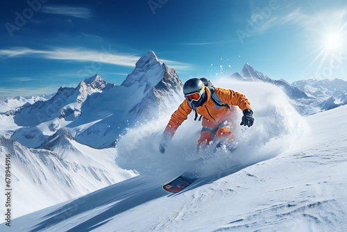 snowboarder jumping in the mountains in the air against blue sky. 