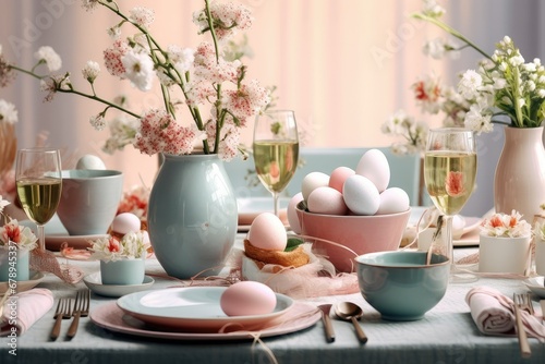 Festive Easter lunch. Beautifully laid table, with Easter eggs and spring flowers. Happy Easter