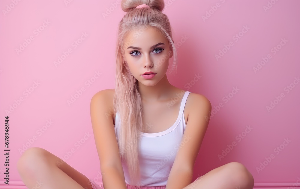 Portrait of a young woman on a clean background in pink tones. Portrait of a young woman on a clean background in pink tones.