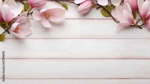 Magnolias on Wooden Background, Beautiful Flowers, Spring Floral, Copy Space. Generative AI