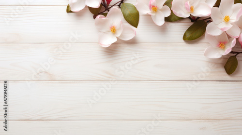 Magnolias on Wooden Background, Beautiful Flowers, Spring Floral, Copy Space. Generative AI
