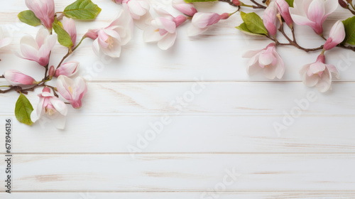 Magnolias on Wooden Background, Beautiful Flowers, Spring Floral, Copy Space. Generative AI
