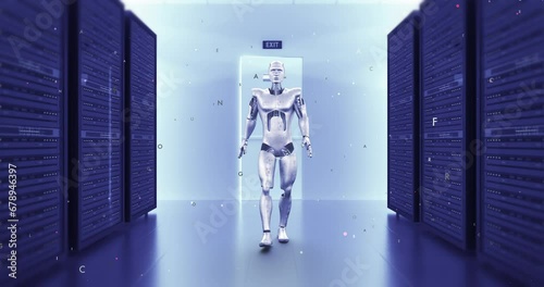 Futuristic Android Robot Walking In A Server Room Hallway. Technology Related 3D Animation. photo