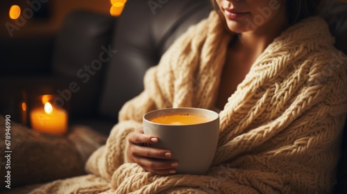 Beautiful woman with warm sweater and cup of coffee at home photo