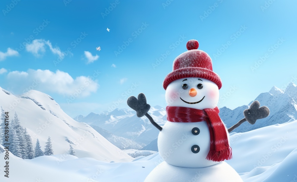 Friendly snowman with a warm smile, wearing a red knitted hat and scarf, waving hello on a bright snowy mountain landscape