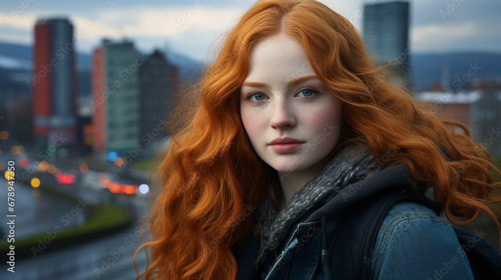 Young red-haired woman in black jacket standing before city skyline, lost in thought, conveying introspection and curiosity