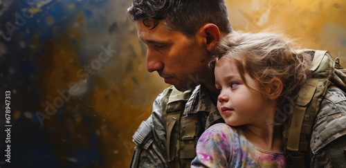 A Soldier's Embrace: The Touching Reunion of a Man in Full Military Uniform Hugging His Kid, the unspoken emotions, pride, and the universal significance of homecoming. photo