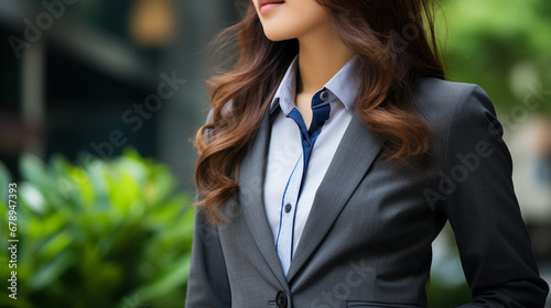 Young, confident Asian woman in gray suit and blue shirt, poised in garden