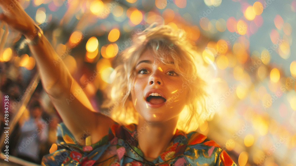Young blonde woman joyfully celebrates in street, fictional location