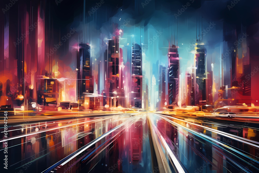 Futuristic cityscape blurry light trailing into abstract cityscape at night