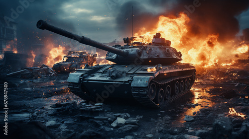 war scene, tank in flaming, smoky city ruins, dominating the image with abandoned buildings and dark smog and fire, fictional location