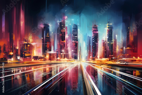 Futuristic cityscape blurry light trailing into abstract cityscape at night © ginstudio