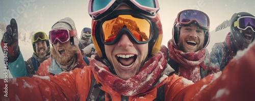 Alpine Selfie Delight: Friends in Full Ski Gear Capture Winter Memories in the Snowy Mountain Wonderland, Embracing Cold Adventures and Frozen Smiles  © hisilly