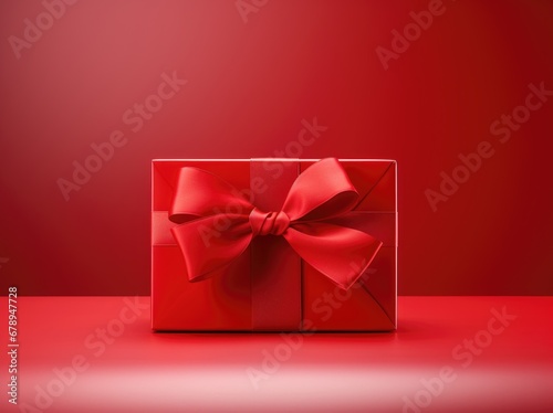 Elegant red gift box with a satin ribbon, presented on a matching red background, embodying a classic festive theme © InfiniteStudio