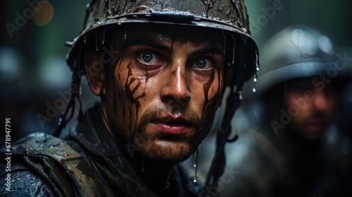  A Soldier's Tearful Gaze Amidst War's Turmoil, the harsh realities of conflict, revealing the human side of those who endure the hardships of war. © hisilly