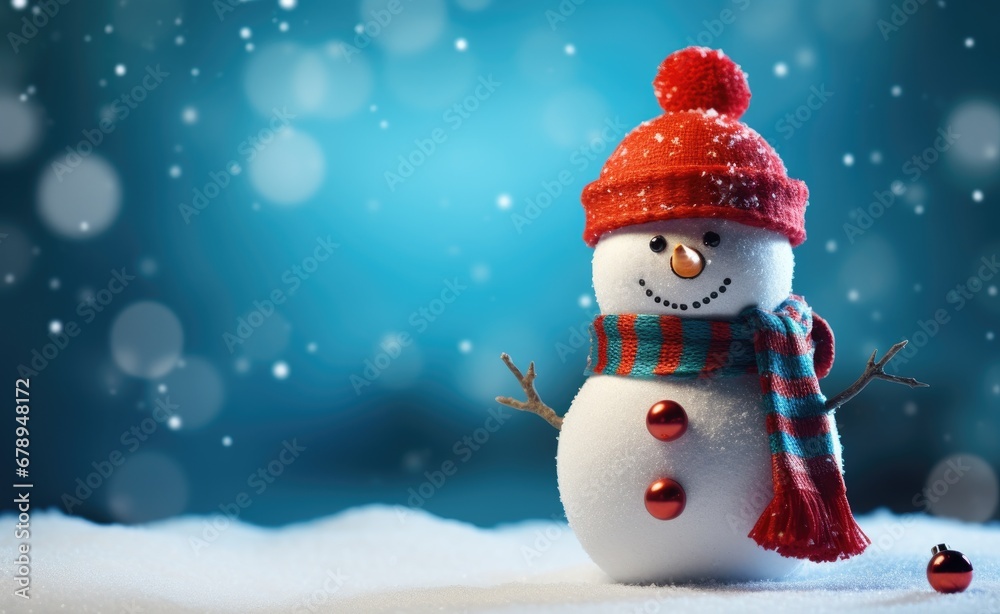 Fototapeta premium A delightful snowman with a bright bobble hat and a striped scarf cheerfully greets amidst a magical snowfall